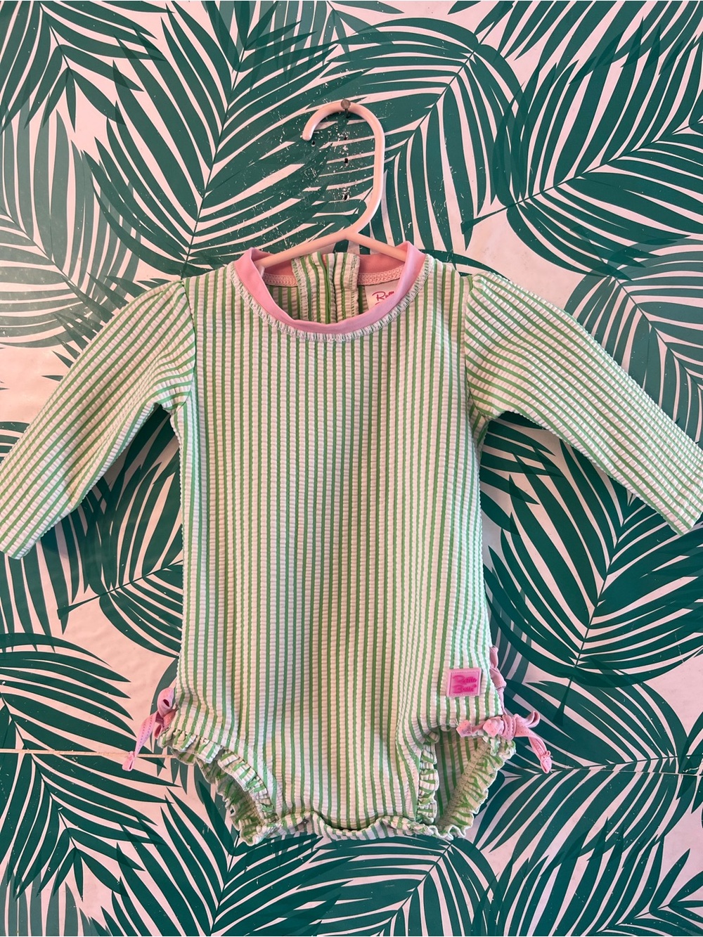 Ruffle Butts Green & White Striped One-Piece with Pink Trim 3-6 months NWOT